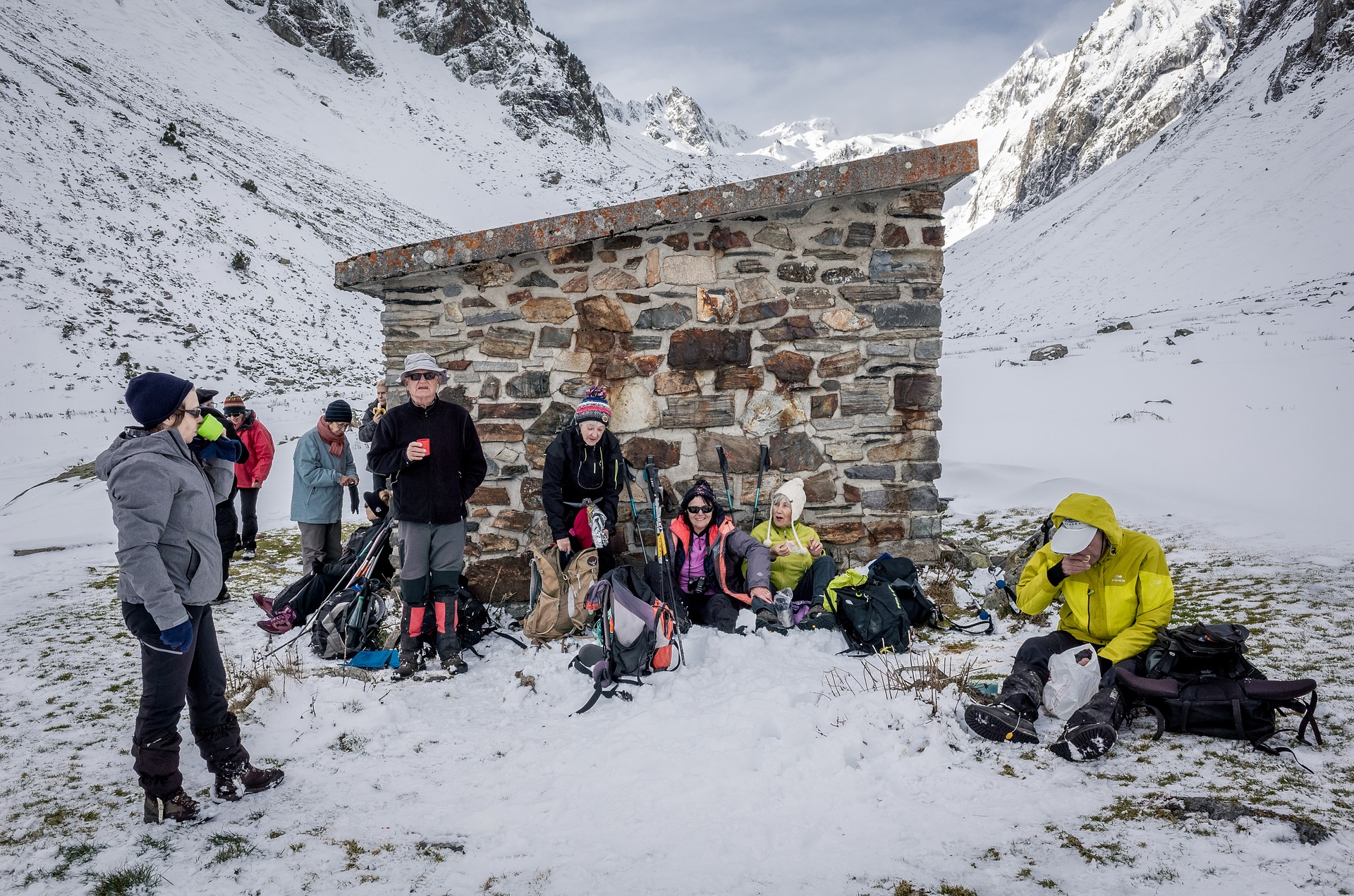 hiking group shelter snow winter